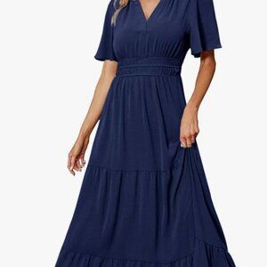 New Never Worn Women's Short Sleeve V Neck  Wedding Guest Maxi Dress Navy XL